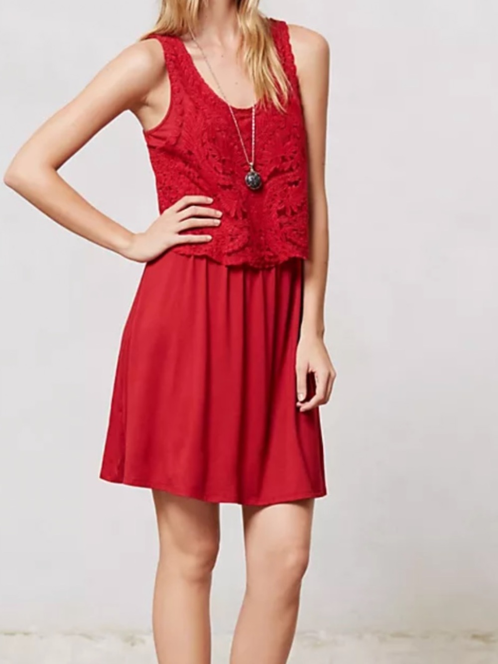 Anthropologie Lilka Geranium Crochet Dress-Red-Jersey Knit-Boho-Size Medium